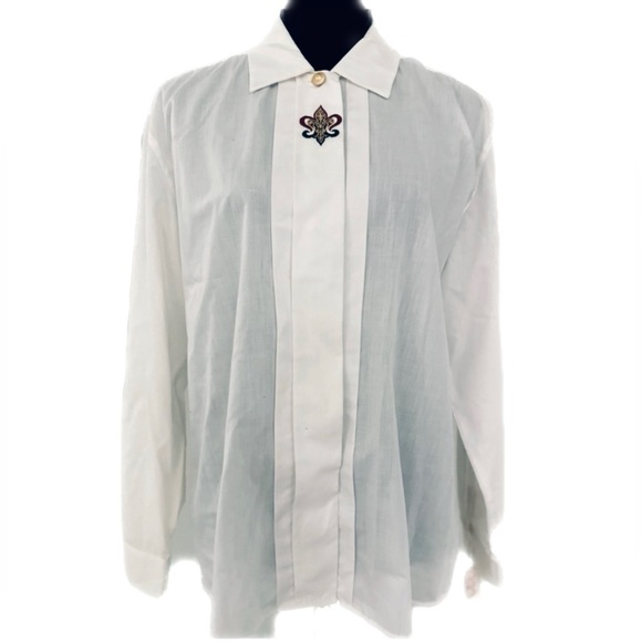 NWT Vintage Sandra Ingrish Fleur de Lis White Button Blouse Size 14 Cotton Blend - Picture 1 of 9